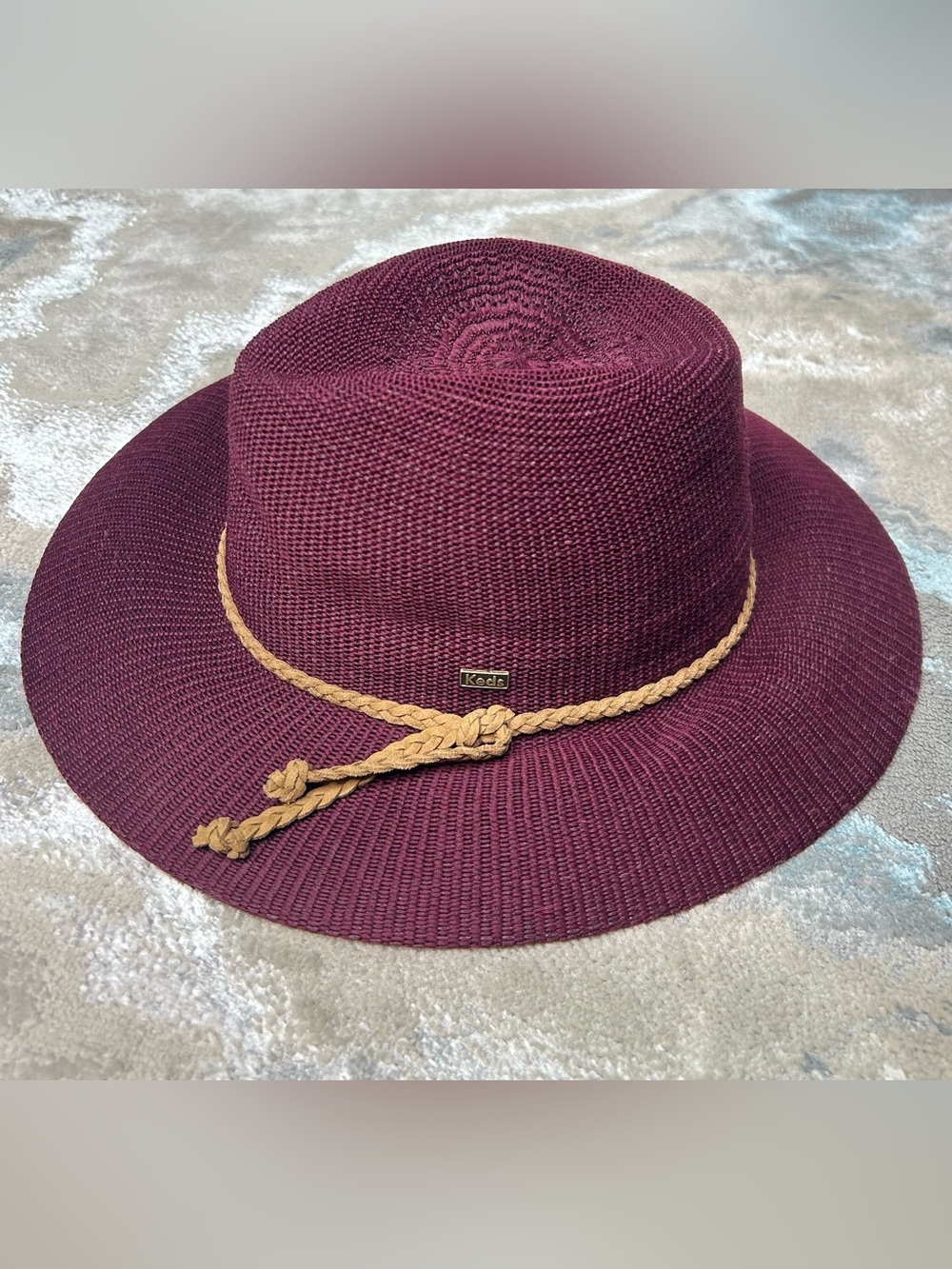 Burgundy Straw Fedora with Braided Tan Band